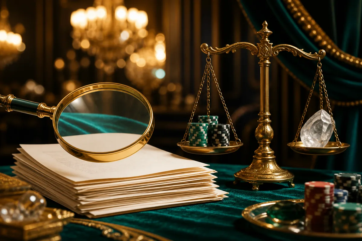 Gold magnifying glass and balance scale on emerald velvet, illustrating a LolaJack casino review