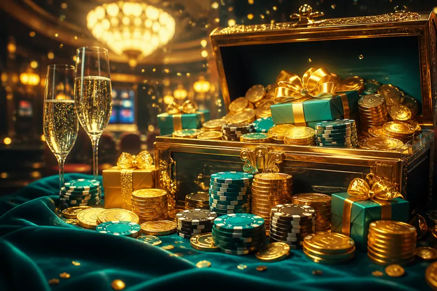 Gold coins and casino chips spilling from a treasure chest, illustrating LolaJack bonuses