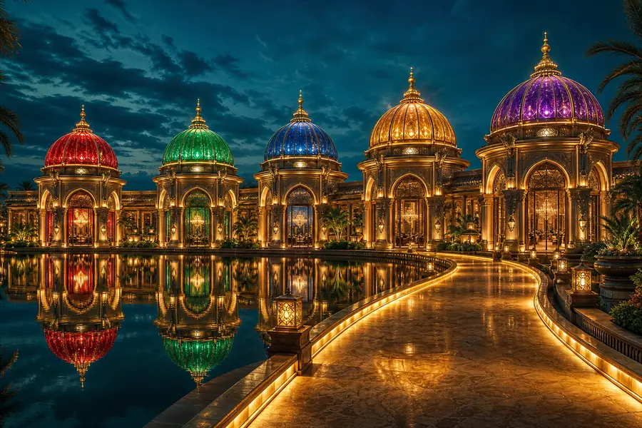Five connected luxury casino pavilions at night, illustrating LolaJack sister sites