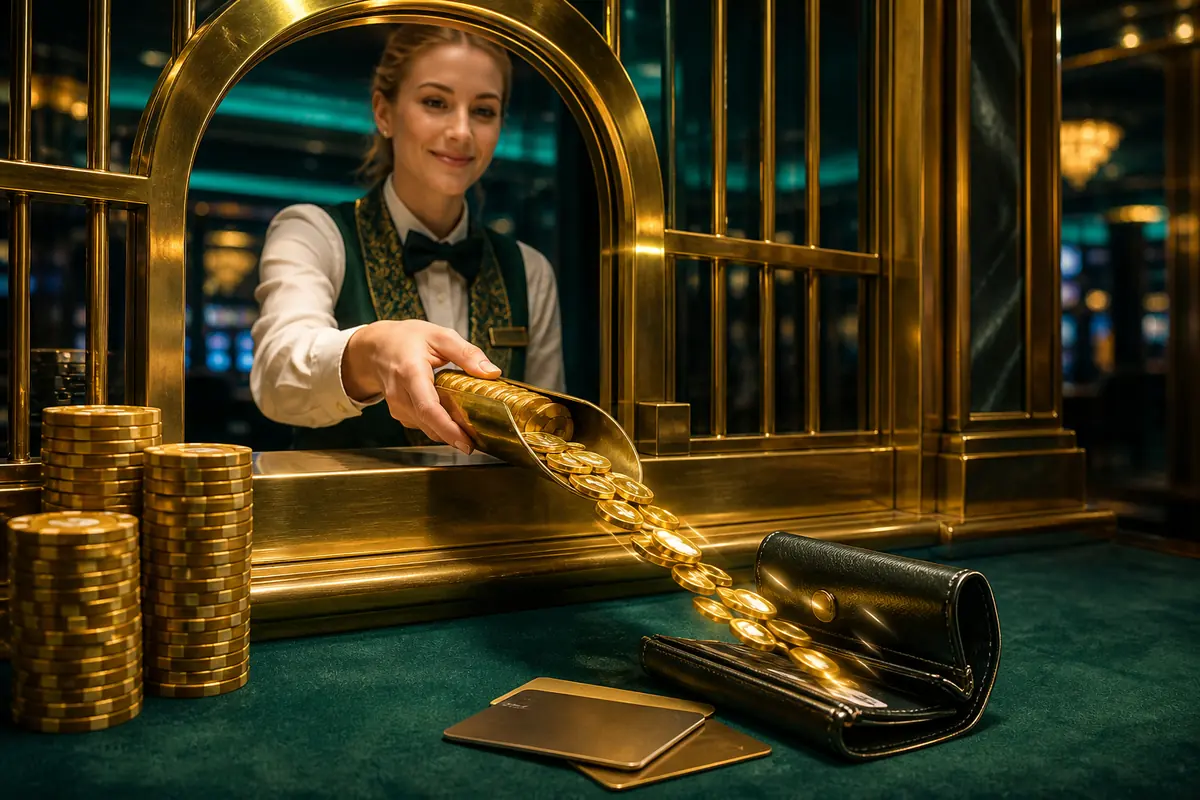 Casino chips flowing into a wallet at a cashier window, illustrating LolaJack withdrawals